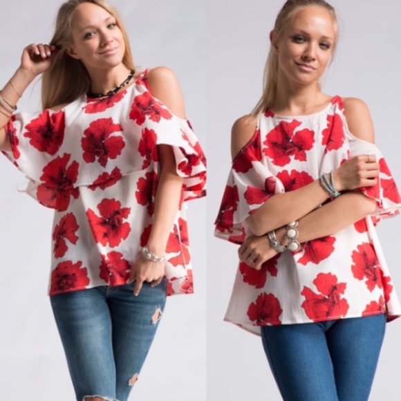Fashionomics Tops - Big Red Floral Print Cold Shoulder Top NEW Fashionomics Tops - Big Red Floral Print Cold Shoulder Top NEW